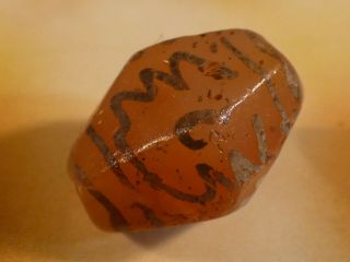 Ancient Pyu - Kushan Etched Agate Carnelian Bead Zig Zag With Eyes Faceted 12.  9 Mm