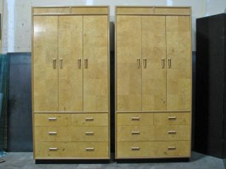 Pair Henredon Vintage 1980s " Scene Two " Armoires / Cabinets Olive Burl Wood