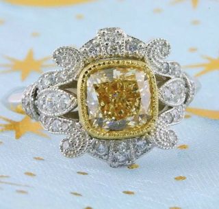 1.  60 Ct Fancy Yellow Cushion Cut Diamond Engagement Ring Vintage Antique Style.