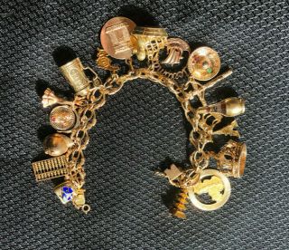 Vintage 18 K Gold Charm Bracelet.  10k,  14k,  18k Charms,  Enamel,  Movable 71.  2 Gr