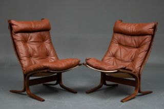 Vintage Danish Mid Century Cognac Leather Siesta Chairs By Ingmar Relling