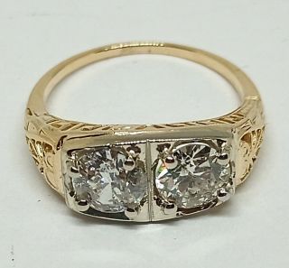 Art Deco Antique Diamond Ring 1.  50 Carats Old Mine Cut 14 K Two Tone