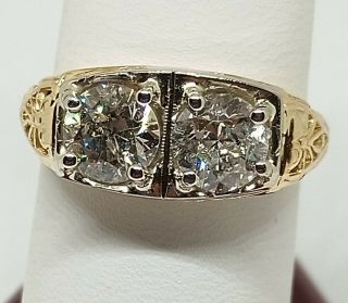 Art Deco Antique Diamond Ring 1.  50 Carats Old Mine Cut 14 k Two Tone 3