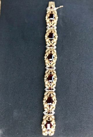 Vintage Fine Solid 14kt Gold Panel Hinge Bracelet With Garnet And Diamonds