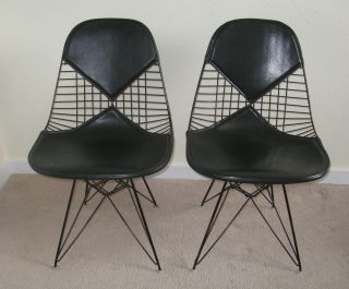 Pair Vintage Herman Miller Eames Eiffel Wire Chairs Black Bikini Pad