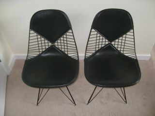 Pair Vintage Herman Miller Eames Eiffel Wire Chairs Black Bikini Pad 2