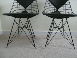 Pair Vintage Herman Miller Eames Eiffel Wire Chairs Black Bikini Pad 3