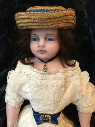 antique English poured wax doll - Montanari - fabulous hat,  sweet face 2