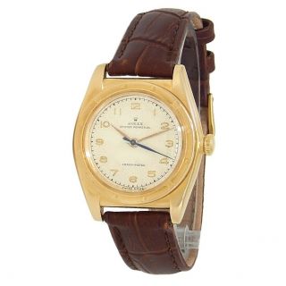 Rolex Vintage Oyster Perpetual 18k Yellow Gold Leather Auto Silver Midsize Watch