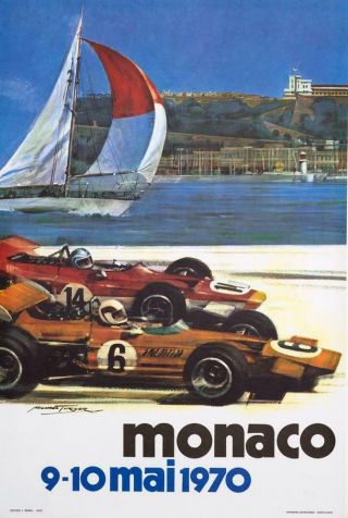 Rare Monaco Grand Prix 1970 Vintage French Race Car Poster On Linen