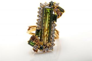 Vintage 1960s $10,  000 20ct Natural Green Tourmaline Vs G Diamond 18k Gold Ring