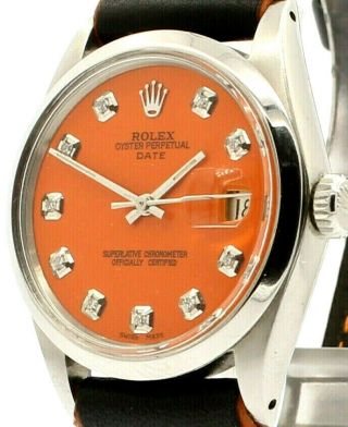 Mens Vintage Rolex Oyster Perpetual Date 34mm Orange Dial Diamond Stainless