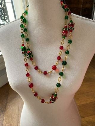Rare Couture 1994 Vintage Chanel Red Green Gripoix Glass Necklace