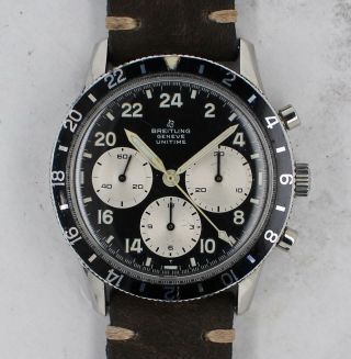 Vintage Breitling Unitime 1765 Chronograph Wristwatch Venus 178 41mm Steel Rare