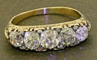 Antique 14k Gold 2.  36ctw Vs Old Mine Cut Diamond 5 - Stone Band Ring W/.  60ct Ctr.
