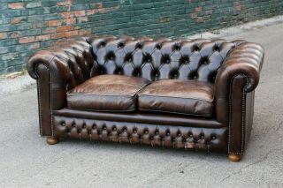 Vintage Leather Chesterfield Sofa Brown Tufted Loveseat Couch With Nailhead Trim
