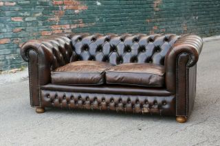 Vintage Leather Chesterfield Sofa brown tufted Loveseat couch with nailhead trim 3