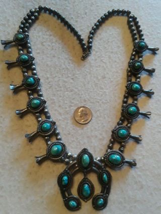 Vintage Navajo Indian Squash Blossom Necklace Turquoise Sterling Silver Big 230g