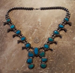 Vintage Navajo Squash Blossom Necklace Turquoise,  Sterling,  Huge,  165 Grams,  26 "