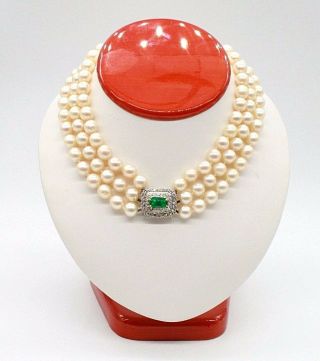 Vintage Ladies 15.  5 " Triple Strand South Sea Pearl Necklace,  Emerald & Diamonds