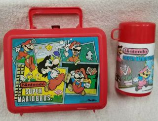 Vintage 1988 Nintendo Mario Bros Red Plastic Lunchbox W Red Thermos