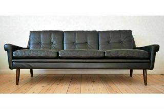 Vintage Danish Mid Century Svend Skipper Black Leather 3 Person Sofa 1960,  S