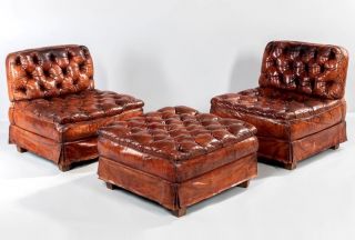1940 Lord & Taylor Vintage Leather Club Chairs And Ottoman