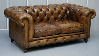 Vintage Halo Asquith Heritage Brown Leather Chesterfield Sofa Part Of Suite