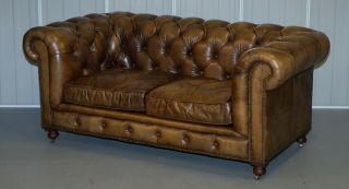 VINTAGE HALO ASQUITH HERITAGE BROWN LEATHER CHESTERFIELD SOFA PART OF SUITE 3