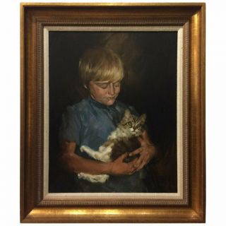 1973 Young Boy Holding Cat Oil On Canvas Painting By Ted Robertson Signed Artist