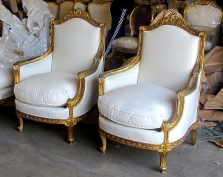 Vintage Fine Water Gilding Italian Baroque Style Bergere Chairs