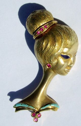 Antique 18k Gold Lady Woman Profile Art Deco Style Brooch Pin W (7) Ruby Vintage
