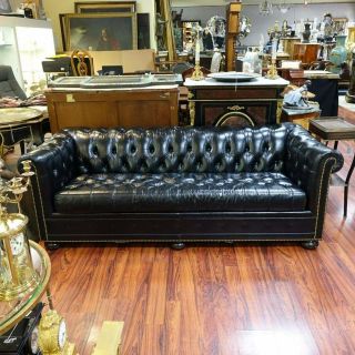 Vintage Black Leather Buttoned Back & Seat 4 Seater Chesterfield Sofa Bed/settee