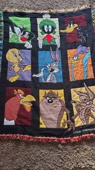 1996 Vintage Looney Tunes Toons Throw Blanket Warner Bros Marvin Bugs Taz
