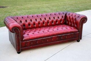 Vintage Leather Chesterfield Tufted Sofa Red Oxblood Couch Nailhead Trim Office
