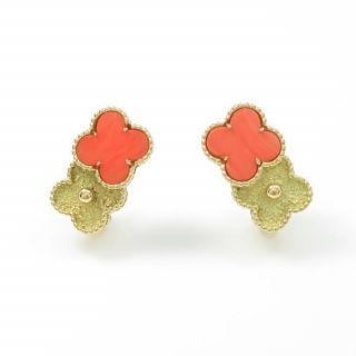 Van Cleef & Arpels 18k Yellow Gold Vintage Double Alhambra Coral Earrings