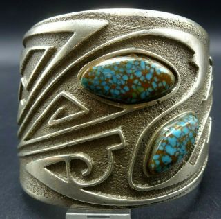 Vintage Navajo Tufa Cast Sterling Silver Nevada Blue Turquoise Cuff Bracelet