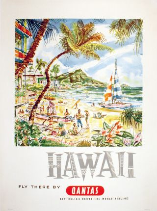 Vintage Travel Poster Qantas Hawaii By Harry Rogers C1960 Beach Pacific