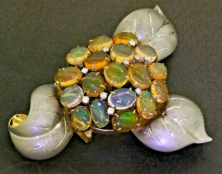 Vintage Heavy 18k Gold/platinum 16.  84ctw Vs Diamond/opal Floral Brooch/pendant