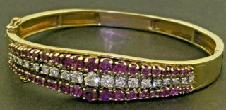Vintage Heavy 14k Gold 6.  0ctw Vs Diamond & Ruby Cluster Hinged Bangle Bracelet