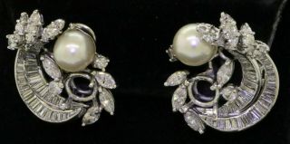 Vintage Heavy 14k Wg 5ctw Vs Diamond/7.  5mm Pearl Flower Cluster Clip - On Earrings