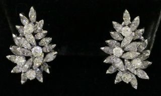 Vintage 1950s Heavy Platinum 7.  04ctw Vs Marquise Diamond Cluster Flower Earrings