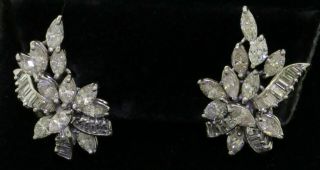 Vintage 1950s Heavy Platinum 5.  90ctw Vs1/f Diamond Cluster Flower Earrings
