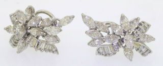 Vintage 1950s heavy Platinum 5.  90CTW VS1/F diamond cluster flower earrings 2