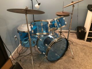 1970’s Vintage Ludwig Vistalite Blue 5 Piece Drum Set Cymbals And Stands