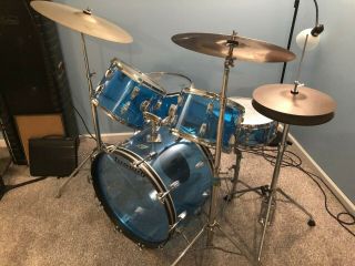 1970’s Vintage Ludwig Vistalite Blue 5 Piece Drum Set Cymbals and stands 2
