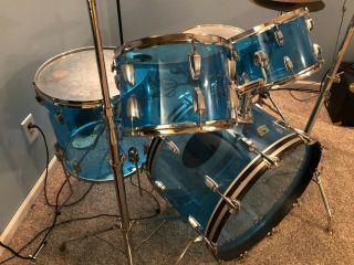 1970’s Vintage Ludwig Vistalite Blue 5 Piece Drum Set Cymbals and stands 3
