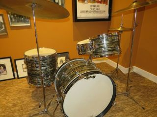 1965 Ludwig Black Oyster Pearl Vintage Drum Set Vg With Cases