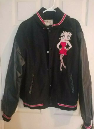 Betty Boop Mens Black Wool And Faux Leather Embroidered Jacket W/sweater Trim