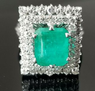 Vintage Rich Green Emerald Double Halo Diamond 18k White Gold Ring